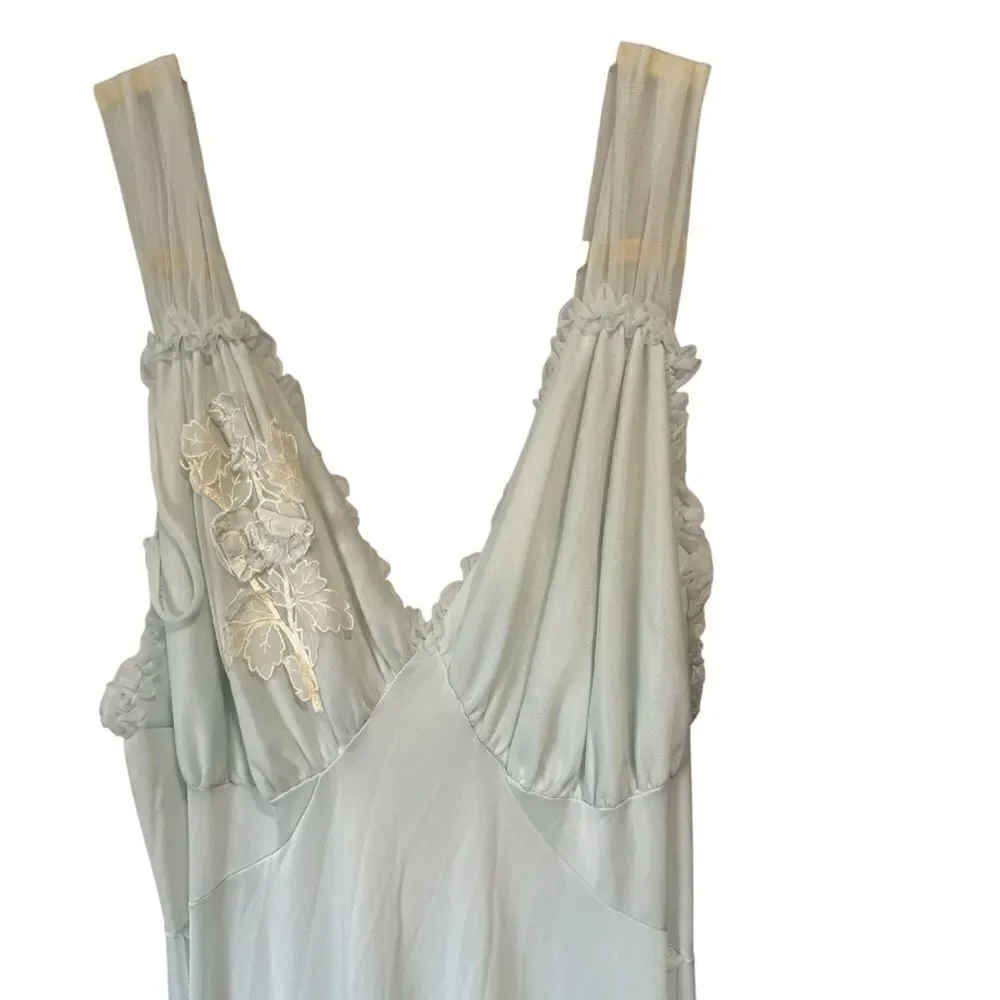 Gotham Vintage Light Blue Frill Ruffle Trim Lace Maxi Nightgown Slip Satin Dress - Picture 3 of 8
